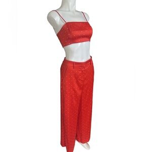 House of Harlow Two-Piece Pant Set Red Crystal Studs Flare Leg Sparkle